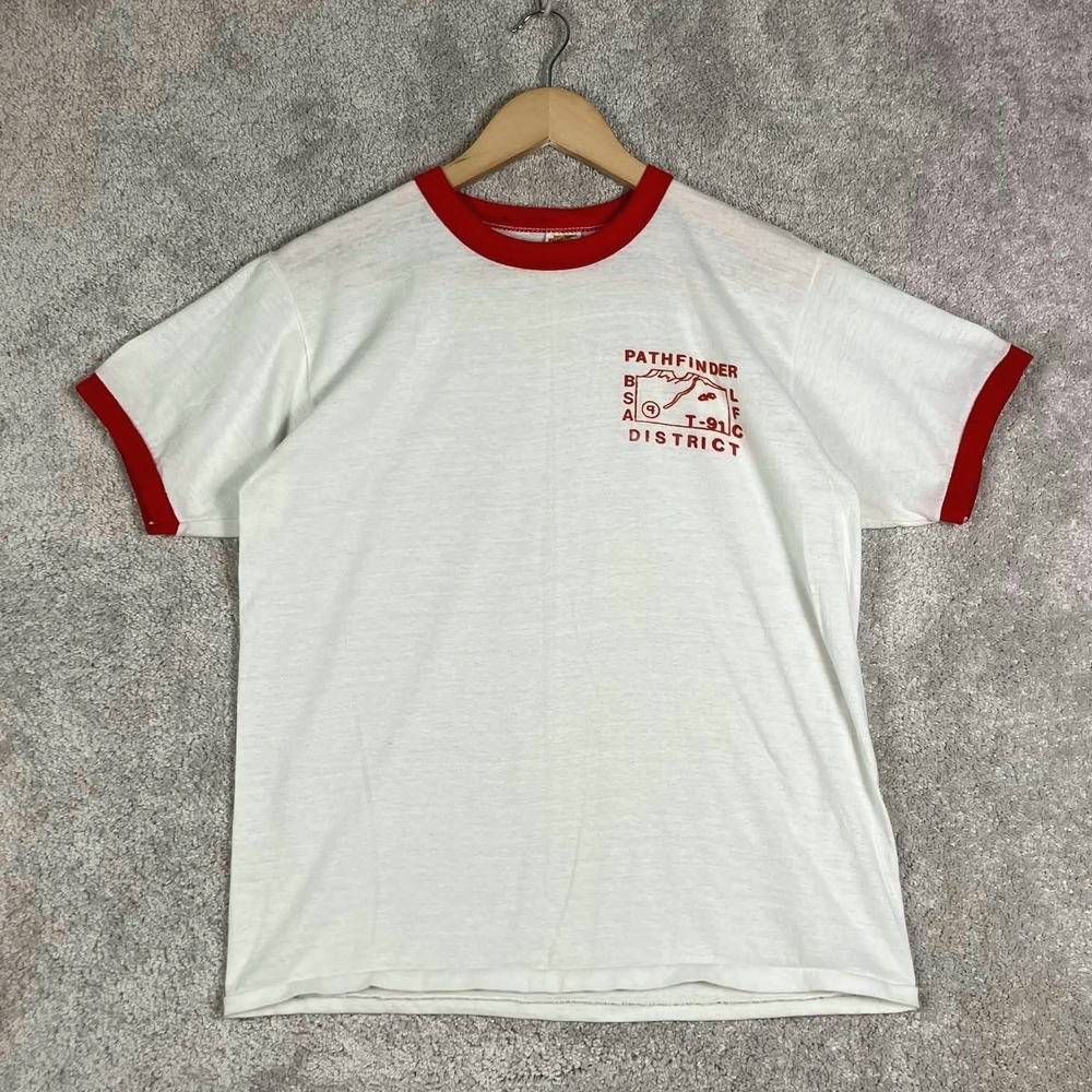 Vintage 70s Russell Athletic BSA Pathfinder District Ringer T Shirt White Red M - Picture 2 of 13